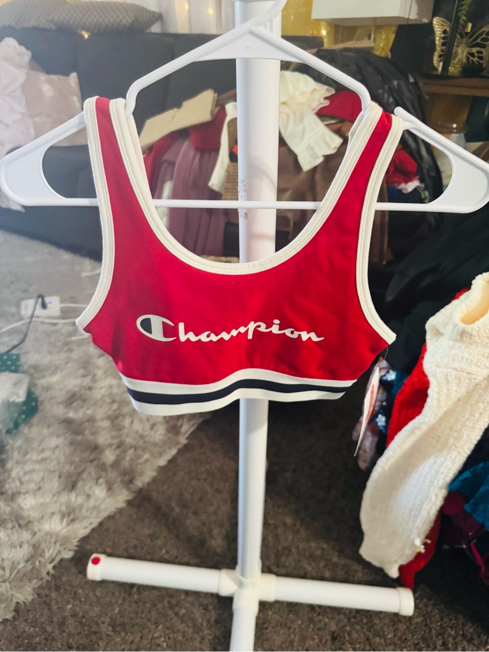 Champion Red Sports Bra with White Trim and Navy Stripe